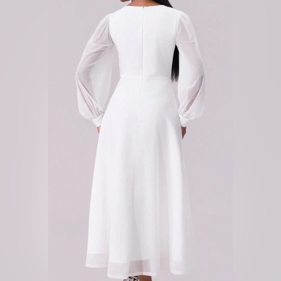 Joyfunear Solid Mesh V-Neck Elegant White Long Sleeve Dress - Picture 2 of 4